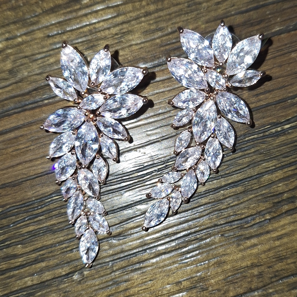 Elegant Silver Crystal Leaf Earrings